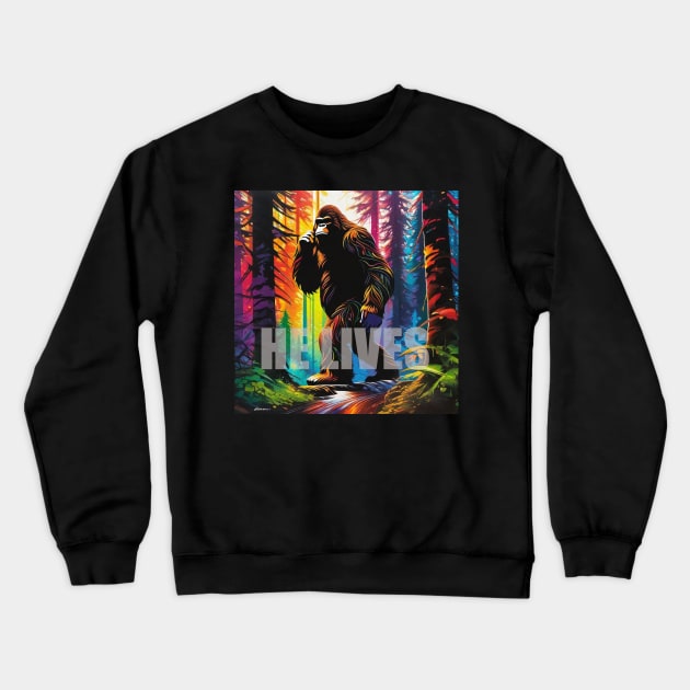 Bigfoot "He Lives" colorful Design Crewneck Sweatshirt by A.i. Monster Designs